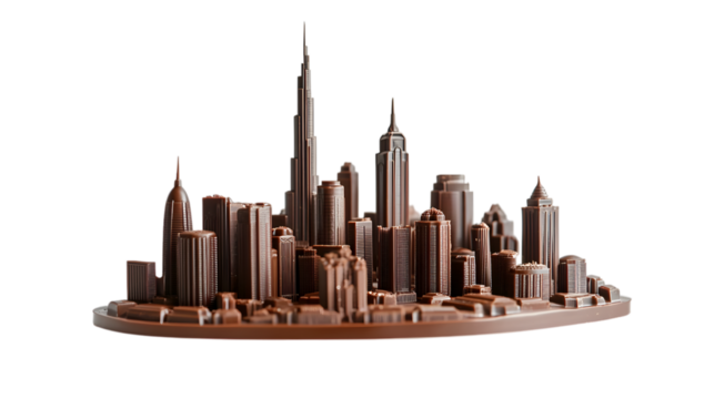 A city made of chocolate is shown on a white background. The city is very tall and has a lot of buildings. The buildings are all different shapes and sizes, and they are all made of chocolate