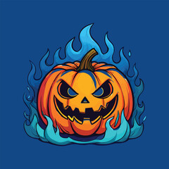 Naklejka premium Scary orange pumpkin with blue flames and evil eyes on dark blue background halloween jack o lantern