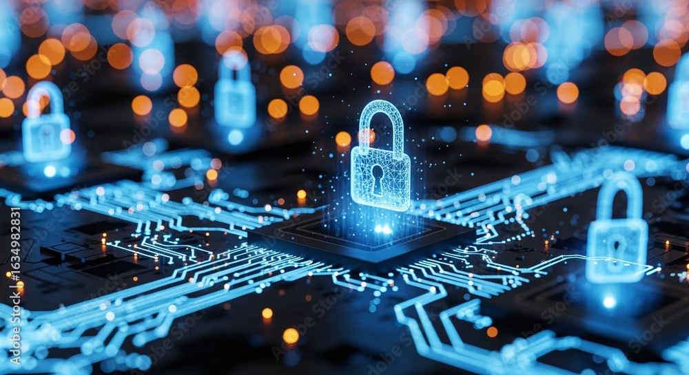 Poster cybersecurity concept global network security technology, business people protect personal informati