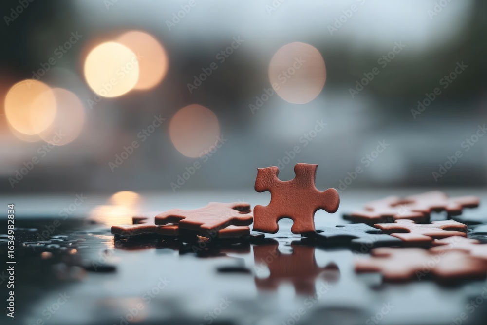 Poster puzzle pieces scattered on reflective surface with bokeh background
