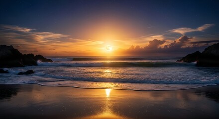Full Moon Rising Over Ocean Waves