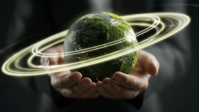 Globale Nachhaltigkeit &ndash; Symbolische Moos-Erde in H&auml;nden mit leuchtenden Energie-Ringen. K&uuml;nstliche Intelligenz KI