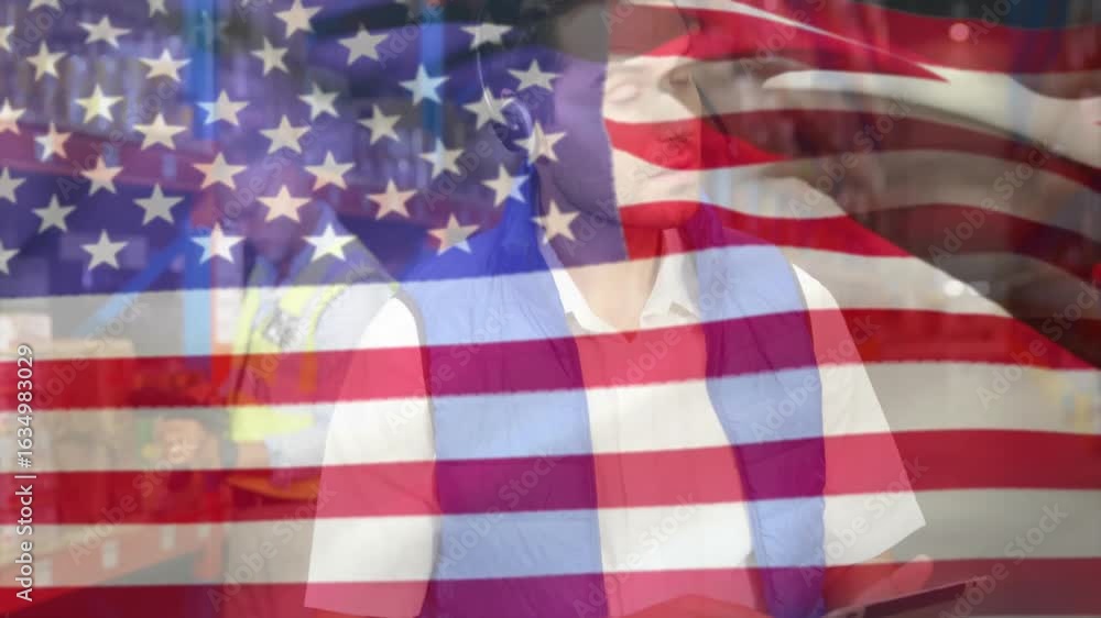 Poster supervisor tapping tablet while waving flag fading into worker scanning pallet racks tracking stock
