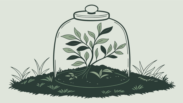 Plant terrarium illustration for home decor and botanical art print nature drawing with glass dome design