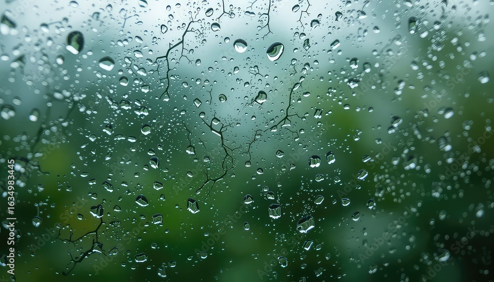 Poster raindrops and broken glass create an abstract, dreamy background with hints of nature visible throug