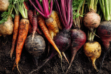 Assorted root vegetables including carrots and beets with soil, freshly harvested