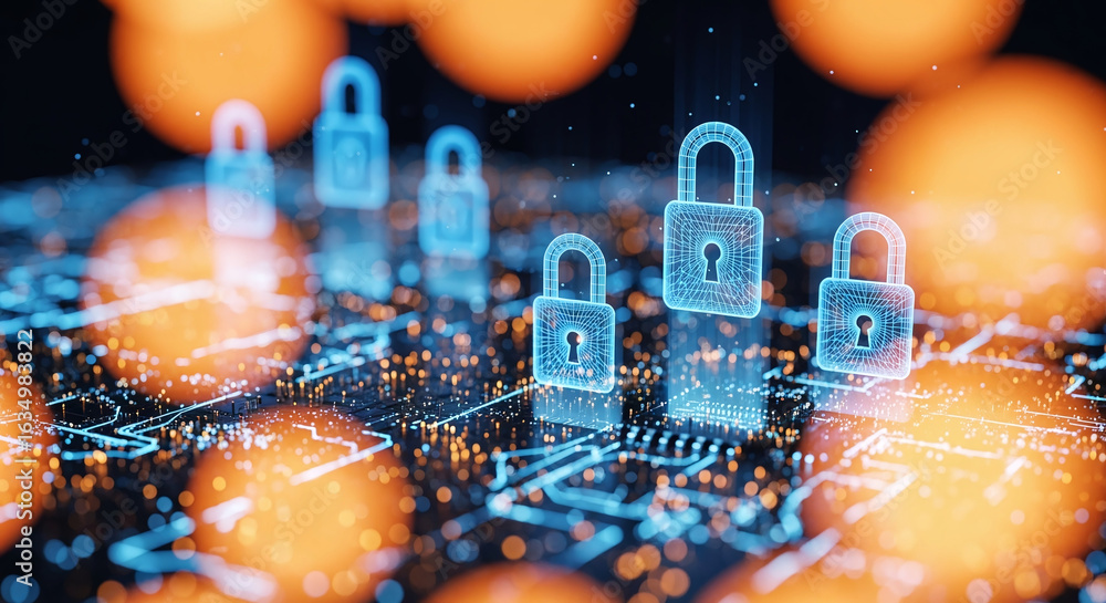 Poster cybersecurity concept global network security technology, business people protect personal informati
