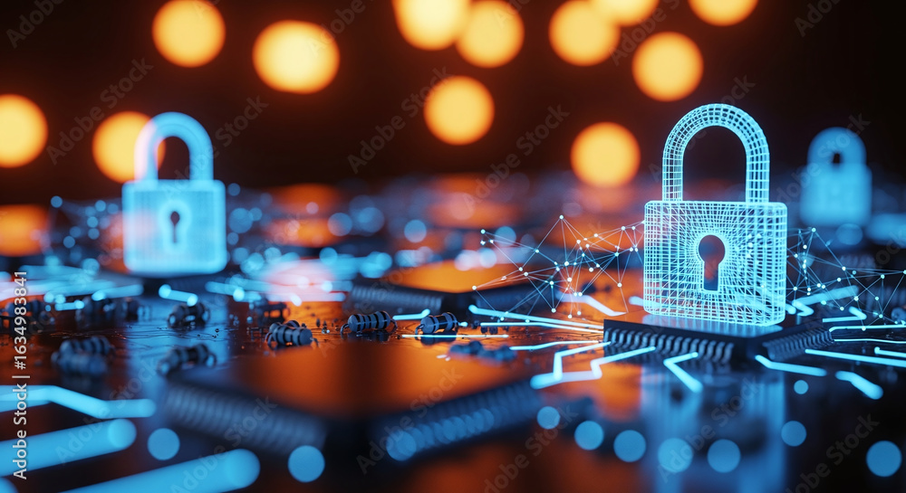 Poster cybersecurity concept global network security technology, business people protect personal informati