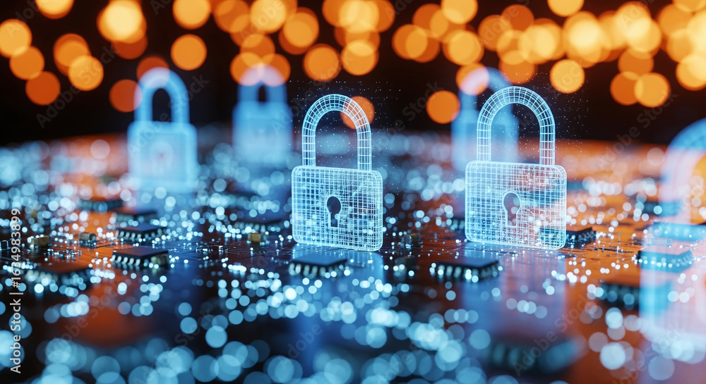 Poster cybersecurity concept global network security technology, business people protect personal informati