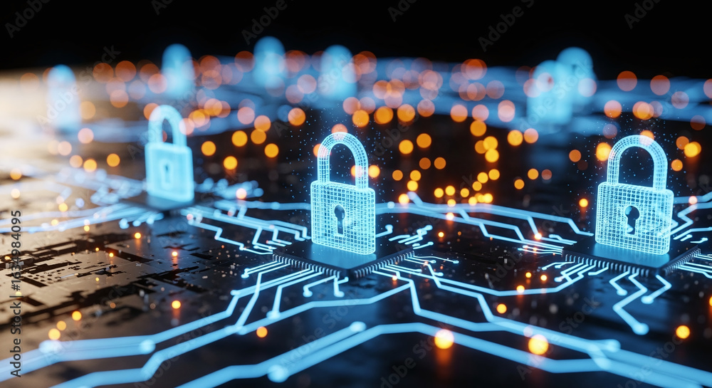 Poster cybersecurity concept global network security technology, business people protect personal informati