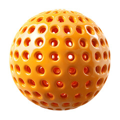 A shiny orange sphere with many round holes on a transparent background in close up view