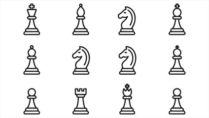 Set of 12 Black and White Chess Piece Icons, Representing Different Chess Figures for Strategy Games © SHUVO