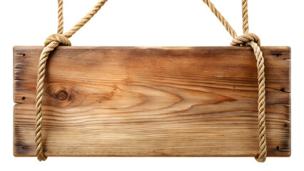 Empty rustic wooden plank sign hanging by rope, isolated on transparent background © VectEasy