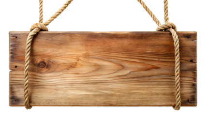 Empty rustic wooden plank sign hanging by rope, isolated on transparent background