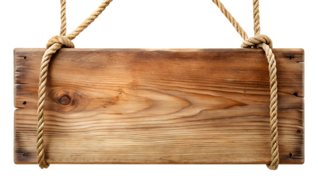 Empty rustic wooden plank sign hanging by rope, isolated on transparent background