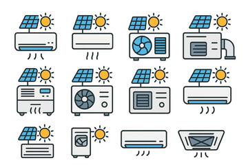 Flat Icons of Solar Powered Air Conditioning Units and HVAC Systems