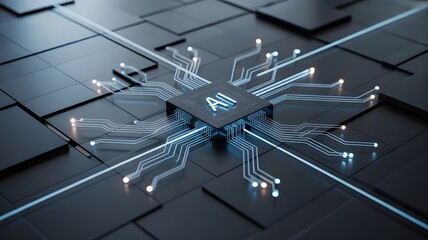 Advanced ai processor chip with glowing circuits and data streams on a dark technological background