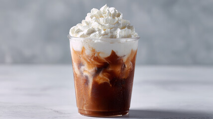 Fancy iced coffee in clear cup with whipped cream, dessert drink style