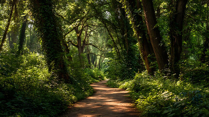Obraz premium Verdant forest path bathed in dappled sunlight dirt trees