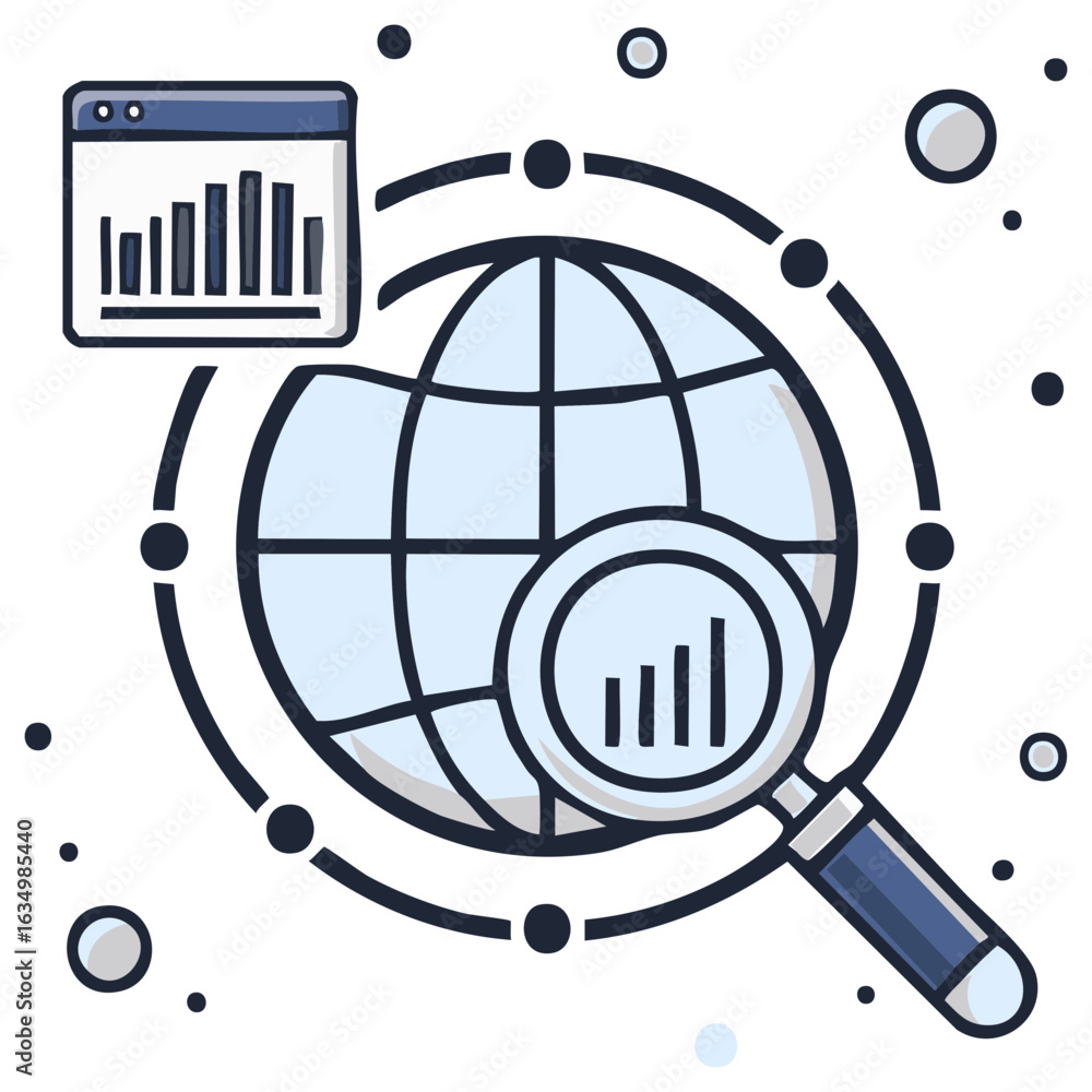 Poster global data analysis icon. globe with statistics chart, magnifying glass for big data research