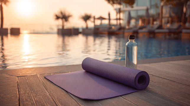 Yoga Mat and Water Bottle by Poolside at Sunset