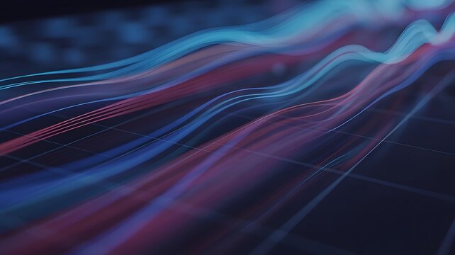 Abstract flowing lines of vibrant blue and purple light create a dynamic and futuristic digital data stream visualization