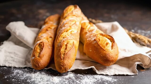 Three fresh baguettes on napkin