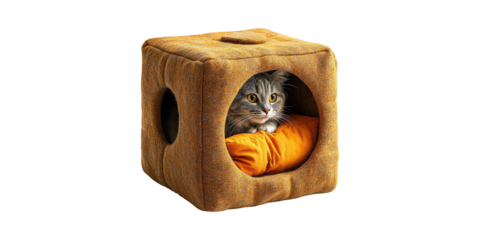 Cat In Cozy Cube Bed With Orange Cushion. Pet Comfort And Relaxation Isolated On Transparent Background