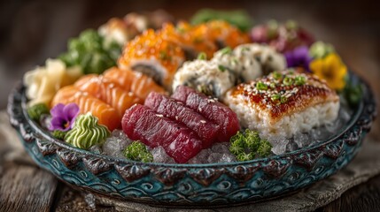 Assorted sushi boat presentation  traditional japanese cuisine