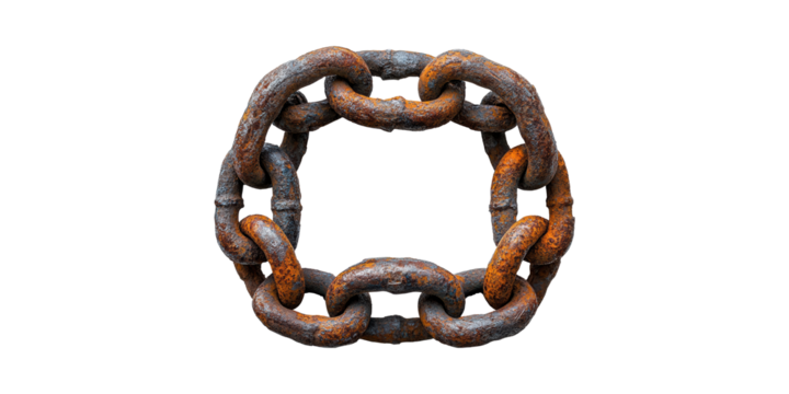 Rusty Metal Chain In Circular Formation. Symbol Of Strength, Connection, And Decay Isolated On Transparent Background