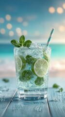 Tropical beachside summer drink scene  clean  modern