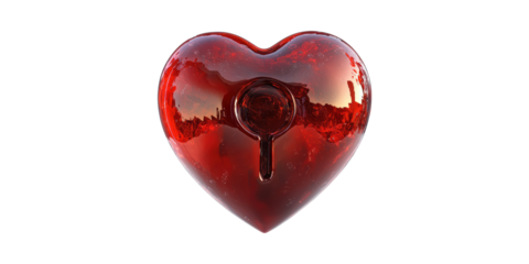 Red Glass Heart With Keyhole Symbolizing Love And Security. Romantic And Emotional Concept Isolated On Transparent Background