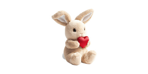 Cute Plush Bunny Holding Red Heart. Symbol Of Love And Affection Isolated On Transparent Background