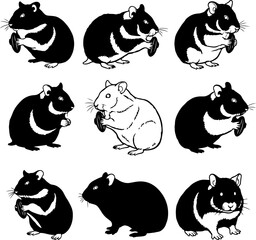 Obraz premium stylized hamster silhouettes: black and white vector illustrations, playful yet minimalist design, perfect for pet-related branding or children's products.