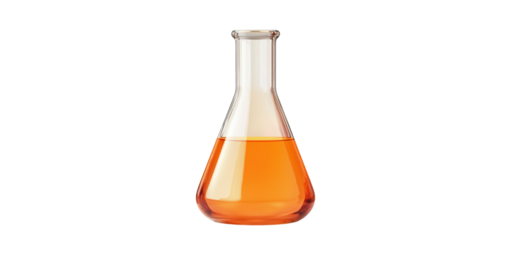 Laboratory Flask With Orange Liquid. Scientific Experimentation And Chemical Analysis Concept Isolated On Transparent Background