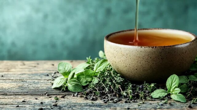 Herbal tea pouring into a cup with fresh oregano and thyme on a wooden table