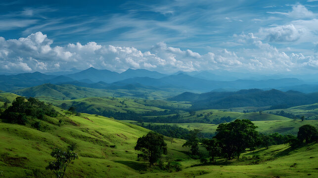 Verdant rolling hills under a vast blue sky with scattered clouds landscape mountains