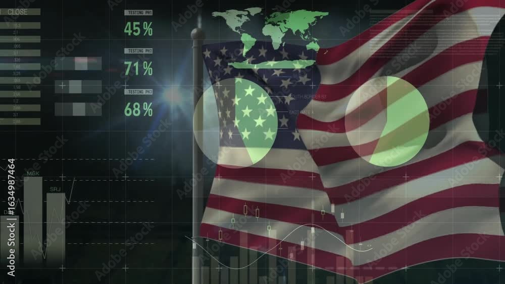 Poster fluttering american flag starting finance dashboard animating gauges charts visualizing global data