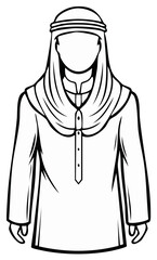 Arabic man in traditional clothing, black and white illustration.