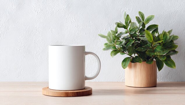 A plain white mug rests on a light wood coaster beside a small potted plant with vibrant green leaves on a light wood surface against a textured white wall