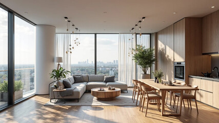 modern living room with kitchen