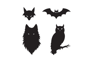 Four silhouettes of spooky halloween animals on a white background