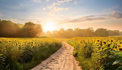 Obraz premium serene sunrise stroll tranquil dirt path amid sunflower field with cascading sunlight beams