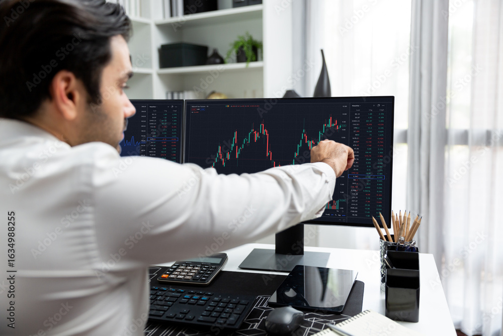 Poster trader businessman calling to consultant or partner with two stock exchange investment, compare data