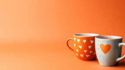 Two mugs with heart design on orange background
