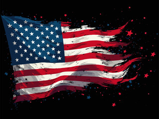 Vector design with decorative drawing of 
torn national flag of usa is fluttering in wind. 
Fashion t-shirt print. American pattern of stars 
and wavy stripes for textiles, fabric, clothing.