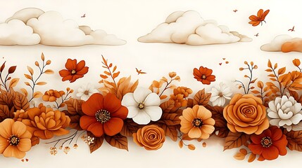 Decorative floral border with orange and white flowers and clouds.