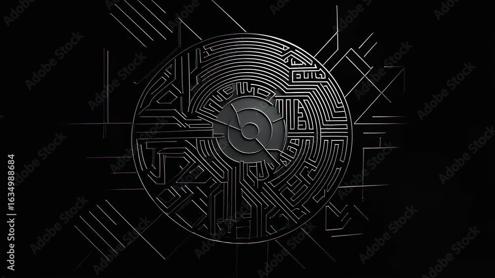 Poster intricate circular maze design on black background with geometric lines