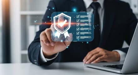 Professional businessman interacting with a futuristic holographic shield interface displaying security metrics and data points on a digital screen