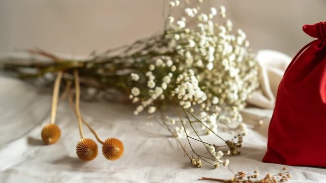 A red drawstring bag rests on a textured surface alongside white flowers and dried seed heads. A soft, natural light illuminates the scene
